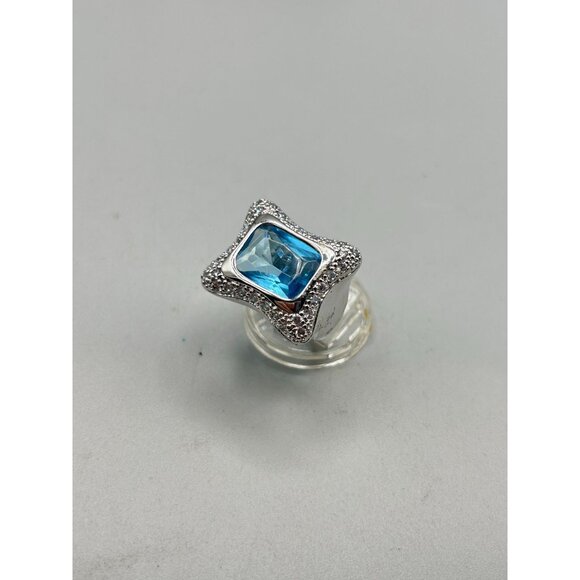 Blue Aquamarine Glass Ring Size 7 Silver Tone Free Form Modernist Ring - Picture 3 of 12